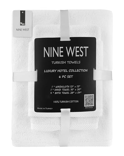 Nine West 6 Piece Hotel Collection Towel Set, 100% Turkish Cotton, Highly Absorbent & Comfy, Includes 4 Bath Towels, 1 Hand Towel & 1 Facecloth Luxury Plush Bathroom Towels | (White) - color: White, size: Hotel Collection 6 Pc Towel Set