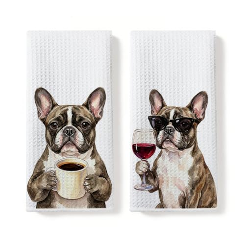2 Pcs French Bulldog Kitchen Towels Funny Frenchie Wine Reusable Hand Towel | Funny French Bulldog Gifts Waffle Dish Towels for Kitchen Home Bathroom Decor, Dog Lover Gifts for Women Girls Mom 14x24 Inch - color: Multi 0773