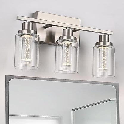 MELUCEE 3 Light LED Bathroom Light Fixtures Brushed Nickel 3000K-6000K | Dimmable Bathroom Lights Over Mirror Wall Light Fixture with Crystal Bubble Clear Glass Shade, Built-In LED Chips - color: Brushed Nickel, size: LED-3 Lights