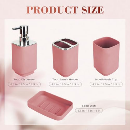 4Pcs Pink Bathroom Set, Square Boho Soap & Toothbrush Holder Set | Thick shatterproof ABS, electroplated rust-proof pump, drip-free, multi-slot holder, dustproof lids, easy-clean - color: Pink, size: 4PCS