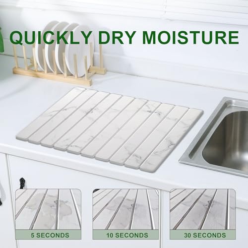 Large Stone Dish Drying Mat for Kitchen Counter, 24"×16" Quick Dry Collapsible Diatomaceous Earth Mat – Super Absorbent Foldable Drying Pad for Dishes (Marble White, 23.2" x 15.4") - color: Marble White