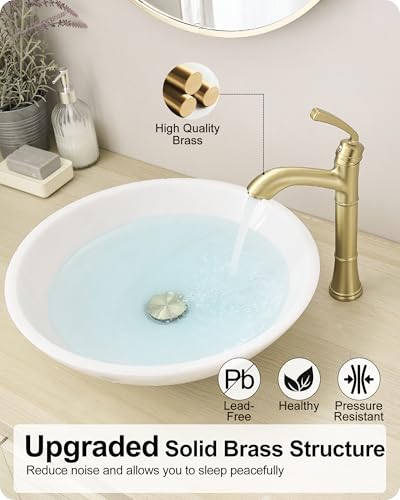Brass Gold Vessel Sink Faucet, Tall Single Hole Bathroom Faucet for Vessel Sink Single Handle with Pop-Up Drain & Pre-Installed Hoses - color: Brushed Gold