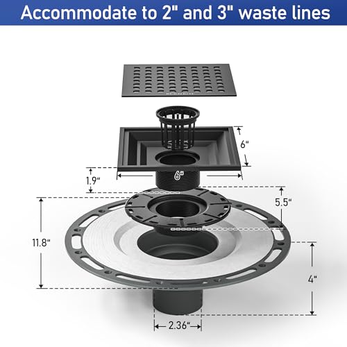 Square Shower Drain w/PVC Bonding Flange Base, 6" Matte Black | 304 Stainless Steel Drain w/ Drain Key for Low Profile Shower Tiles, CUPC Certified - color: Black6"