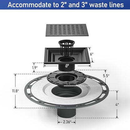 Square Shower Drain w/PVC Bonding Flange Base, 6" Matte Black | 304 Stainless Steel Drain w/ Drain Key for Low Profile Shower Tiles, CUPC Certified - color: Black6"
