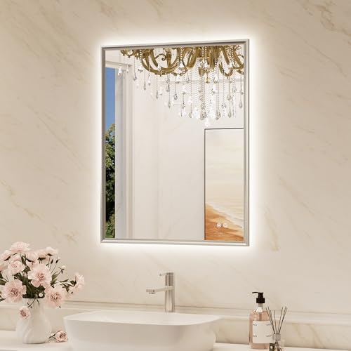 TokeShimi 24"x 30" Bathroom Mirror Backlit with Brushed Nickel Frame, Dimmable Backlight LED Lighted Vanity Mirror with Shatter-Proof, Memory, 3 Colors, Anti-Fog Mirror with HD Tempered Glass - color: Brushed Nickel, size: 24"L x 30"W, style: Backlit