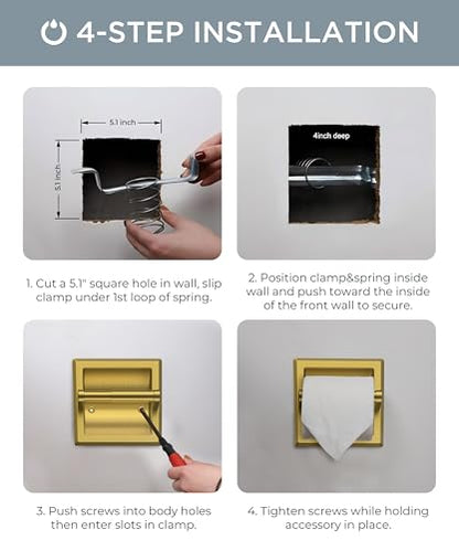 FORIOUS Recessed Toilet Paper Holder for Mega Rolls, Brushed Gold | Stainless Steel Tissue Roll Holder Wall Mount for Bathroom Space-Saving Design, in Wall Toilet Paper Dispenser Insert - color: Gold