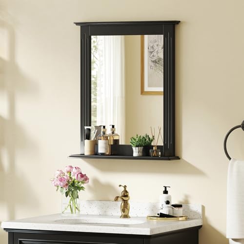 CHARMAID Bathroom Mirror with Shelf - 27" x 22.5" Wall Mirror Over Bathroom Sink, Wooden Frame Modern Rectangular Hanging Vanity Makeup Mirrors for Washroom, Entryway (Black,27" L x 22.5" W) - color: Black