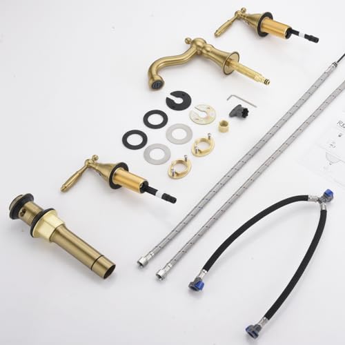 RKF Bathroom Faucets for Sink 3 Hole Gold 8 inch Widespread Bathroom Sink Faucet with Drain Double Lever Handle Faucet Bathroom Vanity Faucet Basin Mixer Tap WF013-BG - color: Gold