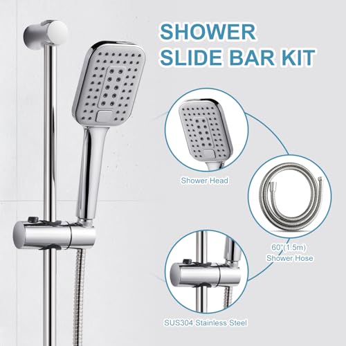 OFFO Shower Slide Bar Combo, Adjustable 39 in Slide Bar with 3-Mode Square Handheld Shower Head and 60 in Stainless Steel Hose, Screw Wall Mounted, Chrome Finish - style: Square 39" Slide Bar & 60" Hose