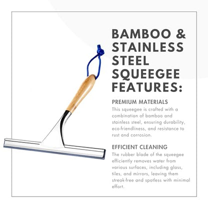 ToiletTree Products All Purpose Bamboo Stainless Steel Squeegee - Rust Proof Deluxe Squeegee with Hanging Hook – Hand Wiper for Shower Doors, Bathroom, Car Window & Kitchen (Bamboo)