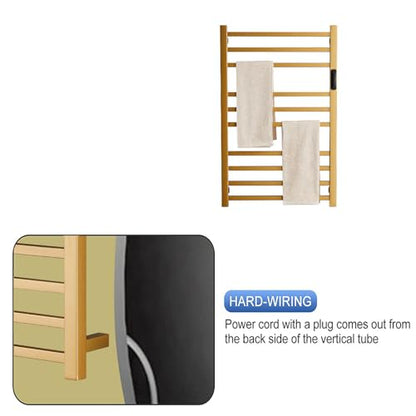 Heated Towel Rack Gold, 10 Bars Towel Warmer Rack for Bathroom Wall Mounted, Timer & Temperature Control Electric Towel Drying Rack, Hardwired