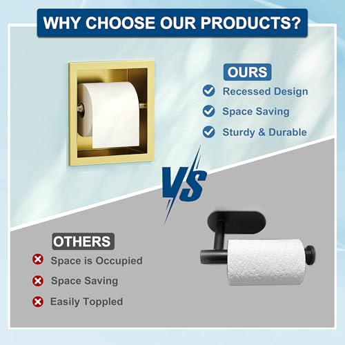 Neodrain Gold Recessed Toilet Paper Holder,for Standard/Mega Roll | 304 Stainless Steel,Built-in Wall Toilet Paper Holder ,Stylish Mega Roll Tissue Dispenser for Bathroom, RV - color: Gold