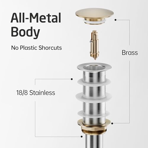 KES Brushed Gold Bathroom Pop Up Drain with Extended Thread, No Overflow | All-Metal Brass & Stainless Steel, Fits 1.6-1.9 In Sink Hole, Up To 3.94 In Thick Countertops, Easy Install - color: Brushed Gold, style: NO Overflow, Long Thread