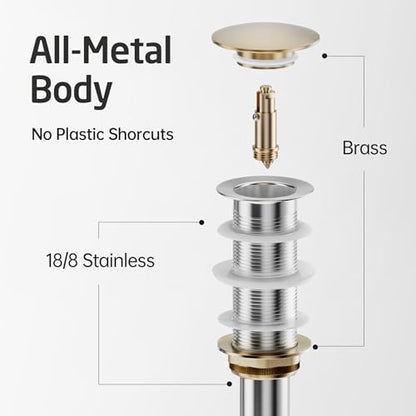 KES All Metal Pop Up Drain Without Overflow, Extended Thread, Bathroom | Matte Black, Brass And Stainless Steel, Compatible With Vessel Sinks, Drain Holes 1.6" To 1.9", 15K-Cycle Pop-Up - color: Matte Black, style: NO Overflow, Long Thread