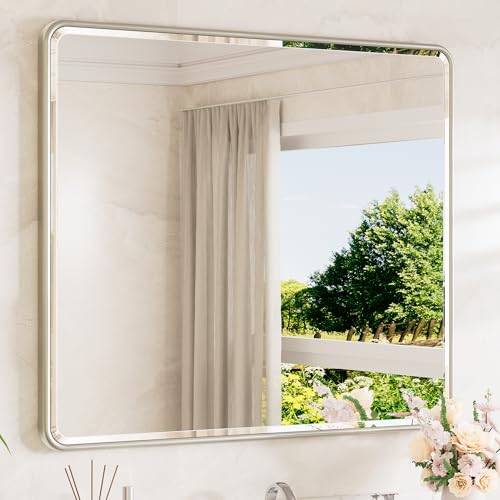Brushed Nickel Mirrors for Over Sink 42 x 36 Beveled Edge Tempered Glass, Rounded Corner Rectangle Framed Mirror for Modern Bathroom, Living Room, Bedroom, Entryway - color: Brushed Nickel, size: 36"L x 42"W