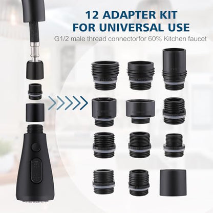 Kitchen Faucet Head Replacement 2 Modes with 12 Adapters, Pull Down Spray Head for Kitchen Faucet, Kitchen Sink Sprayer Replacement Compatible with Moen, American Standard, Kohler Faucets - color: Matte Black-1