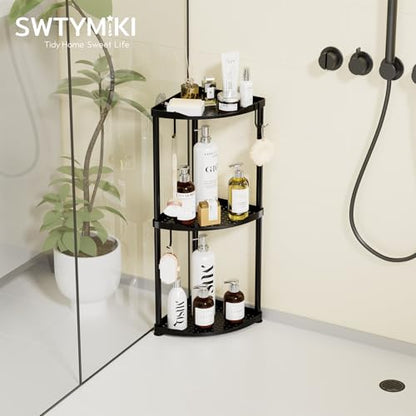 SWTYMIKI Corner Shower Caddy Standing - 3 Tier Stainless Steel Shower Organizer Stand, Large Capacity Floor Shelf with 4 Hooks, Rustproof Bathroom Storage Rack, Black