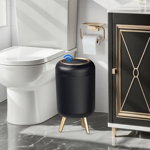 Automatic Motion Sensor Trash Can Bathroom,3 Gallon,Black and Gold | Touchless Trash Bin with Lid and Legs,Auto Diaper Garbage Can,Smalll Plastic Wastebasket for Office,Bedroom,Toilet,Kitchen - color: Black