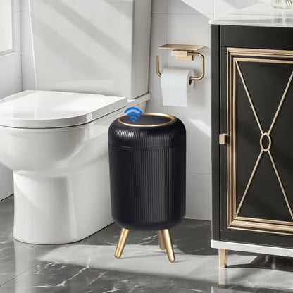Automatic Motion Sensor Trash Can Bathroom,3 Gallon,Black and Gold | Touchless Trash Bin with Lid and Legs,Auto Diaper Garbage Can,Smalll Plastic Wastebasket for Office,Bedroom,Toilet,Kitchen - color: Black