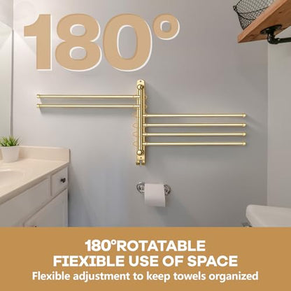 Teenyyou 20.4 Inches Swivel Towel Rack 304 Stainless Steel 6 Arms Bathroom Towel Rack Hanger Pool Holder Wall Mounted Swivel Bar Space Saving with Hook(Gold) - color: Gold, size: 20.4 Inches, style: 6 Arms