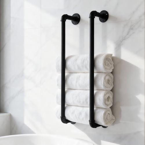 Industrial Pipe Towel Rack for Bathroom Wall Mounted,Towel Holder Black | 24 Inch,Made of Galvanized Steel,Easy To Install,Hold Up To 6 Regular Size Bath Towels,For Farmhouse Bathrooms Laundry Rooms - size: 24 Inch
