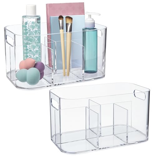 STORi Bliss 5-Compartment Plastic Cosmetics Storage Organizer, Set of 2 | Clear | Rectangular Divided Makeup Bin & Vanity Caddy with Pass-Through Handles | Round Corner Design | Made in USA - size: 2 Pack