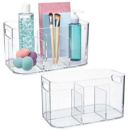 STORi Bliss 5-Compartment Plastic Cosmetics Storage Organizer, Set of 2 | Clear | Rectangular Divided Makeup Bin & Vanity Caddy with Pass-Through Handles | Round Corner Design | Made in USA - size: 2 Pack