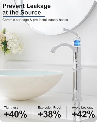Tall Waterfall Bathroom Faucet Chrome, Single Handle Brass Vessel Faucet, Tall Faucet for Bathroom Sink, Bathroom Vanity Faucets 1 Hole with Pop up Drain Water Lines - color: Chrome