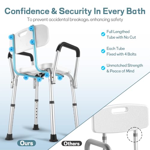 Heavy Duty Shower Chair for Elderly & Disabled with Padded Armrests & Back | Tool-free assembly adjustable height shower seat for inside shower. Provides secure, comfortable support for handicap adults