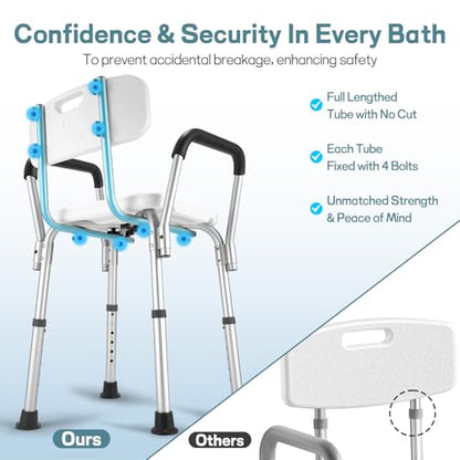 Heavy Duty Shower Chair for Elderly & Disabled with Padded Armrests & Back | Tool-free assembly adjustable height shower seat for inside shower. Provides secure, comfortable support for handicap adults