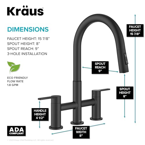 KRAUS Oletto Bridge Kitchen Faucet with Pull-Down Sprayhead in Matte Black, KPF-3122MB - color: Matte Black, style: Bridge Faucet
