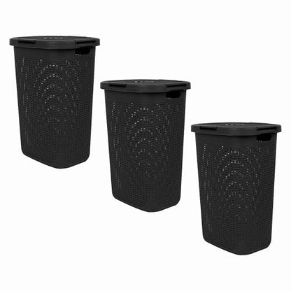 Mind Reader Slim Laundry Hamper with Lid, 60L Tall Clothes Baskets, Narrow Tapered Design for Bathrooms Closets and Laundry Rooms, Plastic, 3 Pack, Black - color: Black