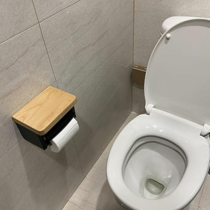 Solid Wood Toilet Paper Holder, Rustic Wood Modern Toilet Paper Dispenser, Modern Black Toilet Paper Holder Wall Mounted with Phone Shelf - color: Wood White&black, size: Single