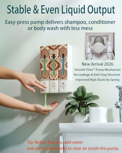 Boho Shampoo and Conditioner Dispenser 3 Chamber Wall Mount Shower Set No Drill Wall Mounted, ABS Plastic Refillable Body Wash & Soap Dispenser Set, Bathroom Shower Organizer, Bohemian Decor