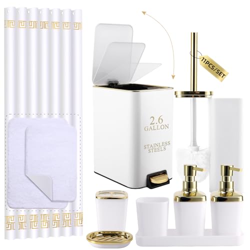 XLHOMO 11PCS Bathroom Sets with Shower Curtain and Rugs Bathroom Accessories Set White Bathroom Set,Soap Dispenser & Toilet Brush Holder Set with Stainless Steel Trash Can - size: White, style: Bath Set+Shower Curtain+Bath Rugs