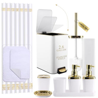 XLHOMO 11PCS Bathroom Sets with Shower Curtain and Rugs Bathroom Accessories Set White Bathroom Set,Soap Dispenser & Toilet Brush Holder Set with Stainless Steel Trash Can - size: White, style: Bath Set+Shower Curtain+Bath Rugs