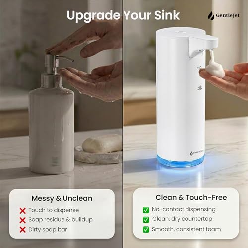 GentleJet EasyFoam Automatic Foaming Soap Dispenser, Touchless USB-C Rechargeable Sensor Pump, 304 Stainless Steel, Adjustable Foam, IPX5 Water-Resistant for Bathroom & Kitchen, 10 fl oz / 300 mL - color: White