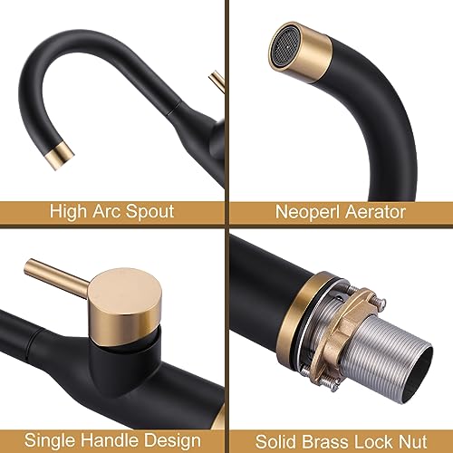 WOWOW Black and Gold Modern Single Handle Bar Faucet, 1 Hole, 360 Swivel, RV Sink Faucet, Mini Bar Tap with Water Supply Hoses - color: Black and Gold
