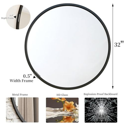 G-LEAF Black Round Mirror 32 inch Circle Mirror for Bathroom Vanity, Entryway, Living Room, Round Bathroom Mirror for Wall