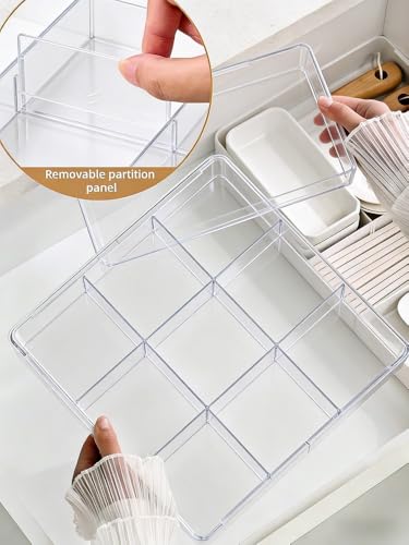 Expandable Drawer Storage Box with 6 Removable Dividers - 2.04" Depth for Light Drawers, Kitchen Utensils, Cosmetics, Office Supplies Organizer (10.43" Length, 20.27" Width) - color: Transparent