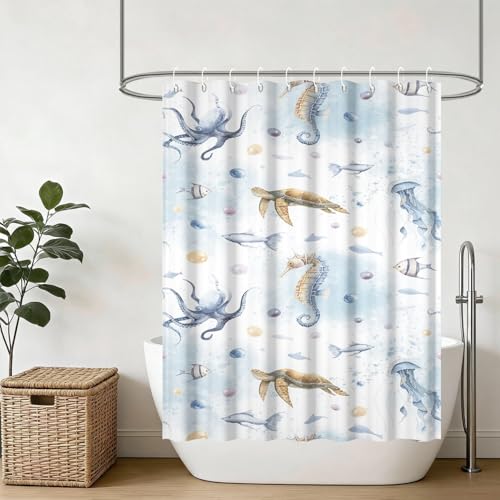 Yeele Ocean Creatures Watercolor Shower Curtain, Turtle Octopus Blue Print Shower Curtain, Waterproof Machine Washable Fabric Bath Curtain 54x72 Inch with Grommets and Hooks - color: Blue 1, size: 54"Wx72"L