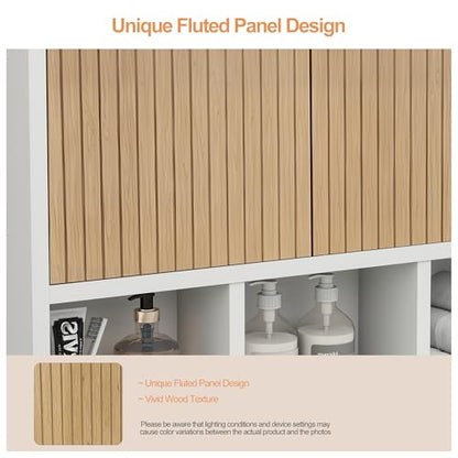Bathroom Wall Cabinet,Wooden Medicine Cabinet with Fluted Doors Over The Toilet Storage Cabinet with Adjustable Shelf for Bathroom,White - color: White-wood Block