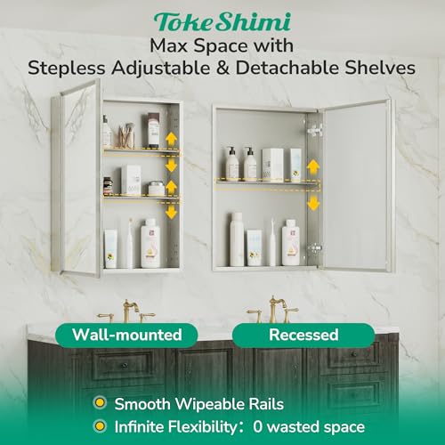 36 x 24 Brushed Nickel Recessed Medicine Cabinet, Assembly Required, Bathroom Mirror Medicine Cabinet, Lightweight Aluminum Frame， Stepless Adjustable Shelves, Tempered Glass - color: Brushed Nickel, size: 36x24 in