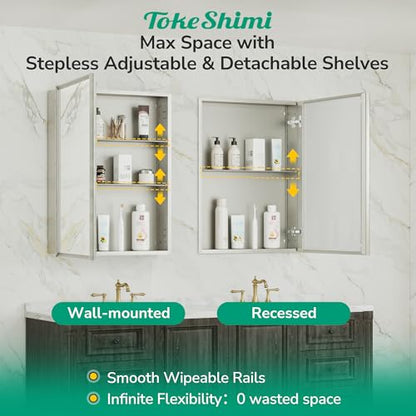 36 x 24 Brushed Nickel Recessed Medicine Cabinet, Assembly Required, Bathroom Mirror Medicine Cabinet, Lightweight Aluminum Frame， Stepless Adjustable Shelves, Tempered Glass - color: Brushed Nickel, size: 36x24 in