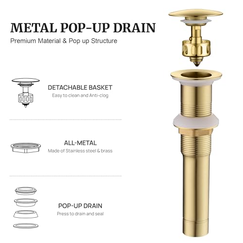 Pop up Sink Drain Stopper Without Overflow Brushed Gold for Bathroom Vessel Vanity Sink Art Basin, Big Cap Sink Drain Without Overflow, Metal Pop-up Drain Strainer with Detachable Basket Stopper - color: Gold Brushed, style: without overflow