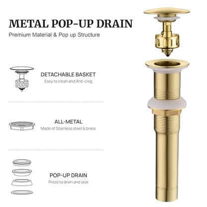 Pop up Sink Drain Stopper Without Overflow Brushed Gold for Bathroom Vessel Vanity Sink Art Basin, Big Cap Sink Drain Without Overflow, Metal Pop-up Drain Strainer with Detachable Basket Stopper - color: Gold Brushed, style: without overflow