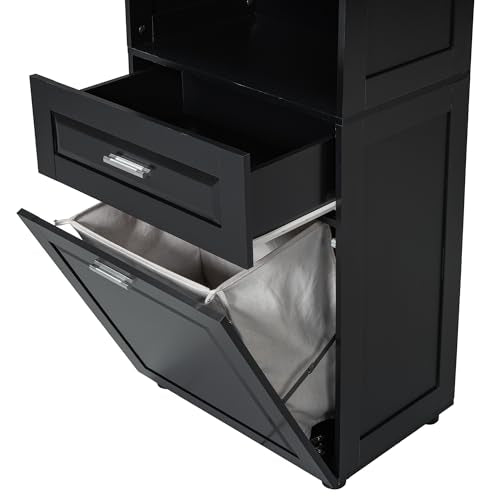 JIVOIT 70" H Tall Bathroom Cabinet with Laundry Basket, Double Cabinets with Doors and Open Storage Space, Tilt-Out Laundry Hamper and Upper Storage Cabinet (Black * 102) - color: Black * 102
