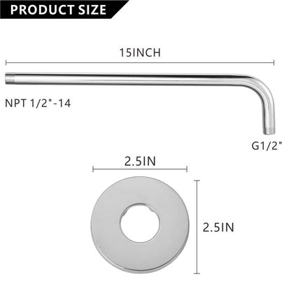 Voolan Shower Arm with Flange and Teflon Tape, Extension Shower Head Arm for Bathroom Fixed Shower Head, Solid Stainless Steel, Wall Mounted (15 Inch, Chrome) - color: Chrome, style: 15 Inch