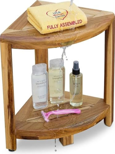 EcoDecors 18" Teak Corner Shower Bench with Shelf, Fully Assembled | Crafted from solid teak wood with natural water resistance for long-lasting durability in wet environments. - size: 2 tier Fully Assembled
