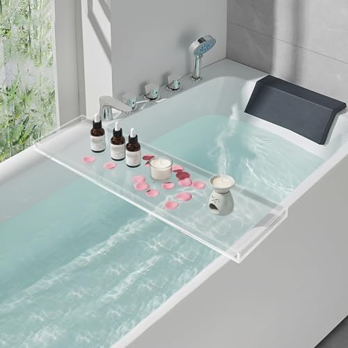 Acrylic Bath Tray Transparent Bathtub Shelf Towel Tray with Wine Holder | Durable Thick Acrylic Build | Stable For Drinks And Books | Modern Minimalist Look